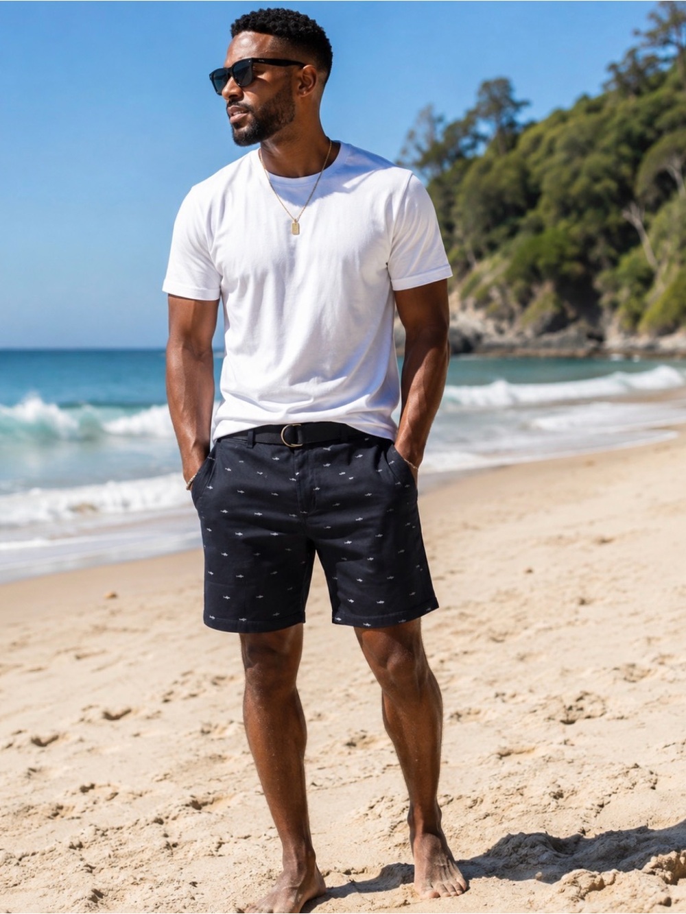 Open Tap Collection Slim Stretch belted casual  shorts with shark print pattern.